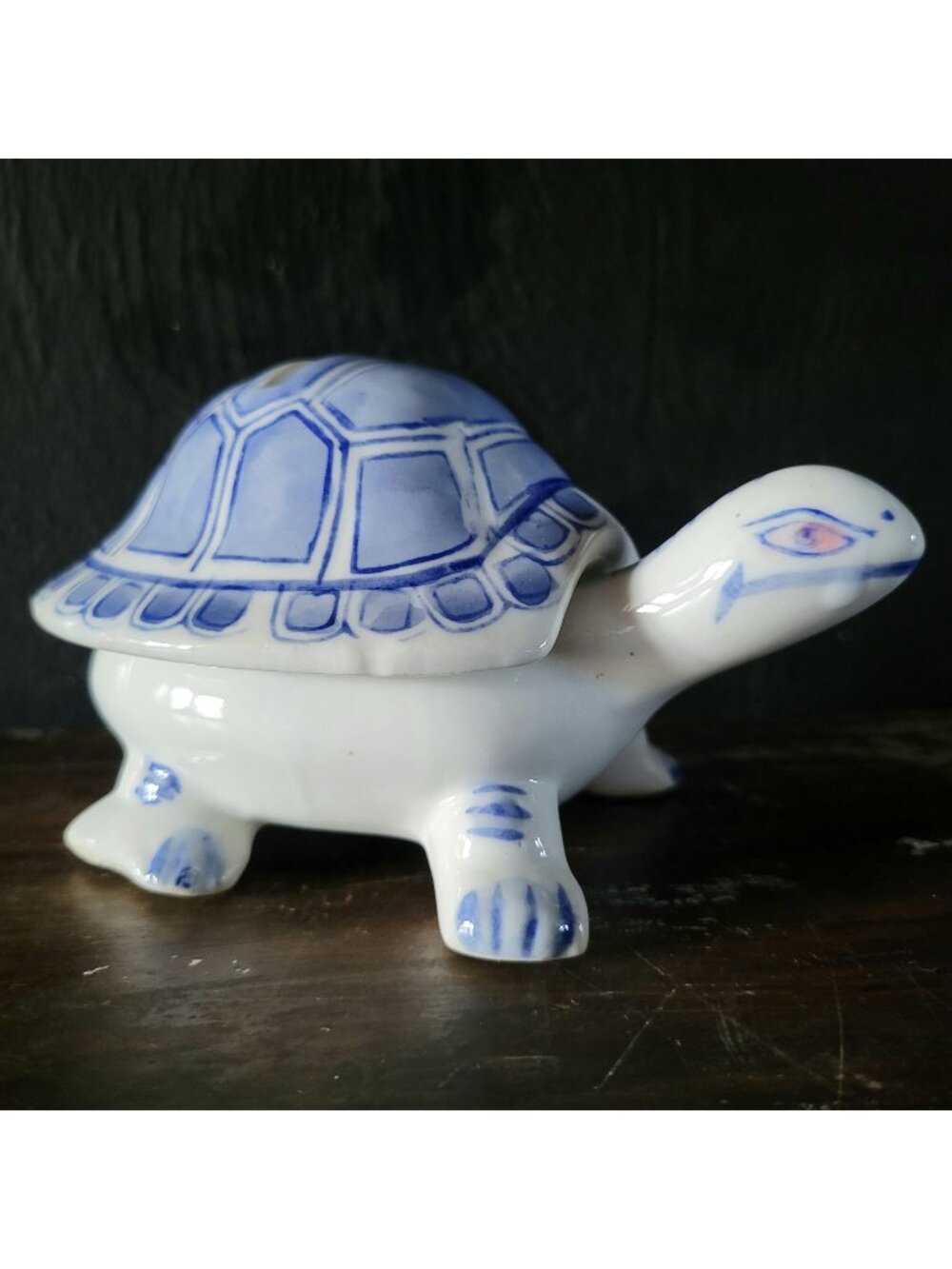 Vintage Blue and White Chinoiserie Turtle Ceramic Piggy Bank